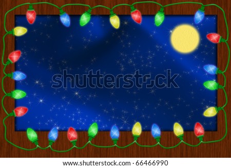 lights around a window looking out on the night sky, christmas lights ...