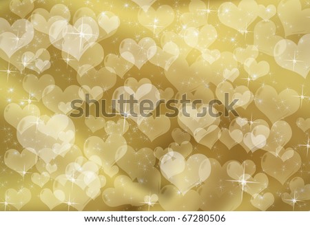 Gold hearts on a gold sparkle background, gold heart background