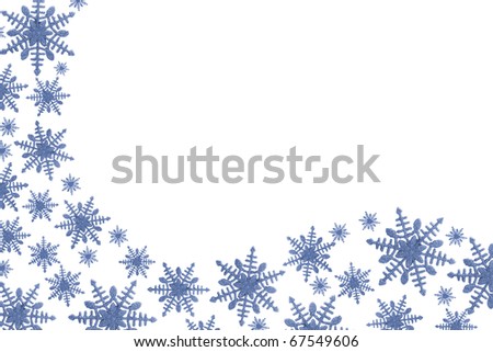 A blue snowflake border on a white background, winter time