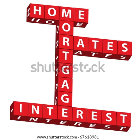 Red blocks with words home, mortgage, interest and rates over white