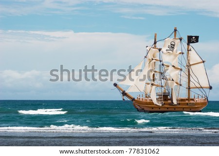 A pirate ship with black flag in the ocean, Pirate Ship