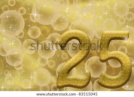 The number twenty-five 25 in gold with golden bubble background,  25th anniversary