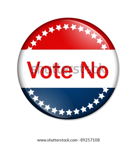 A red and blue button with words vote no isolated on a white background, Vote no button