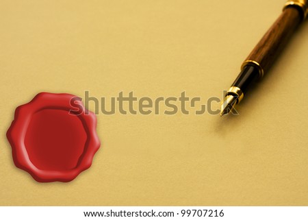 A fountain pen with yellow paper with a wax seal copy-space, Signing a legal agreement