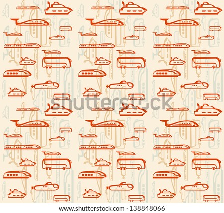 Seamless pattern of traffic. Means of transportation: bus, plane, ship, train, submarine