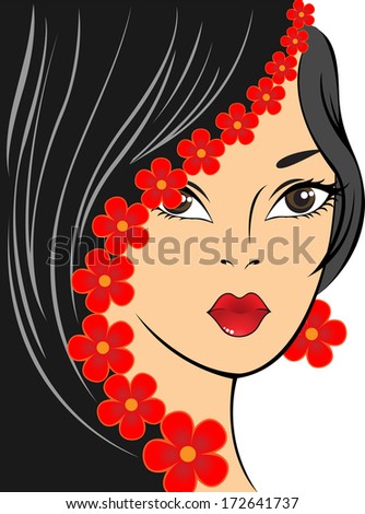 portrait of a beautiful woman with a garland of red flowers in hair