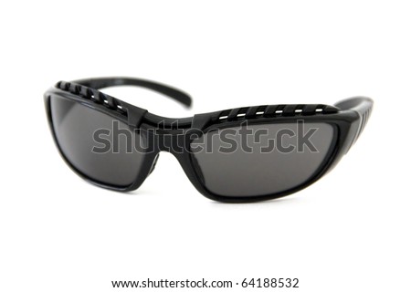 Trendy black sports sunglasses on white background