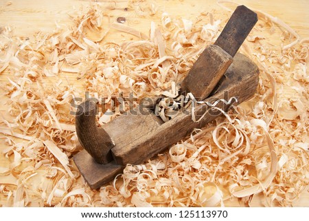 Hand jack plane, wood chips and sawdust