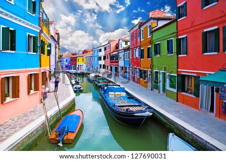Venice, Burano Island Canal, Small Colored Houses And The Boats