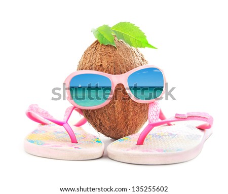 happy coconut concept for travel agency with sunglasses and beachwear isolated on white background