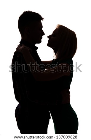 Young couple hug silhouette  isolated on white background