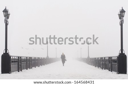 Bridge city landscape in foggy snowy winter day - alone woman, lanterns and doves flock - Ukraine, Donetsk