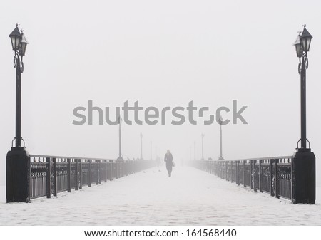 Bridge city landscape in foggy snowy winter day - alone woman, lanterns and doves flock - Ukraine, Donetsk