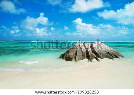 Panorama of beach Anse Source d\'Argent at Seychelles, La Digue island - nature background