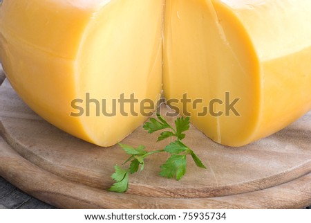 a cheese on the board with parsley with little depth of field