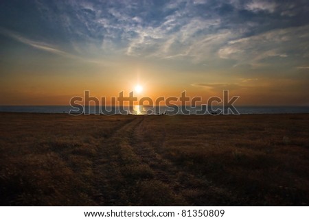 Sunset under the sea and the field with winding road leading to the sun and flock of sheep