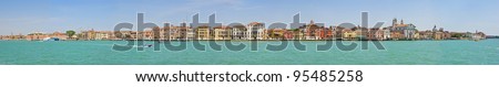 The panorama of Venetian Lagoon from the sea in summer bright day, Venice, Italy