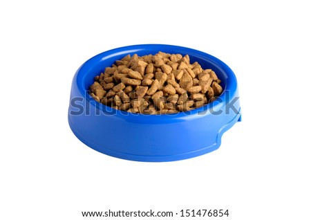 dry cat food in blue bowl isolated on white