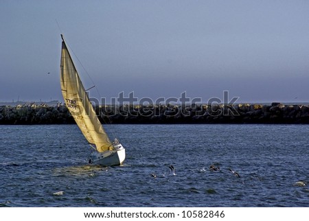 Sailboat Battling Ocean Winds off the California Coast