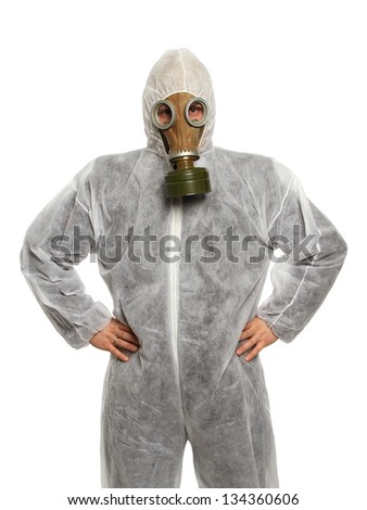 man in full protective clothing wearing a gas mask