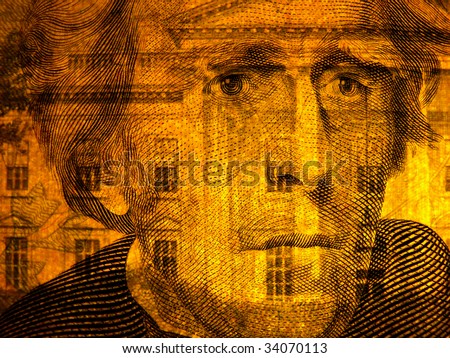Old president, face of Jefferson with White House superimposed, US $20 bill