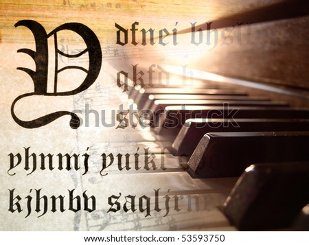 Piano keyboard and ancient text music montage