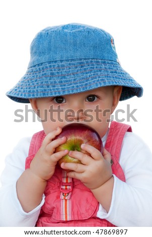 Baby girl holding big red apple. Isolated on white, clipping hath included, close up