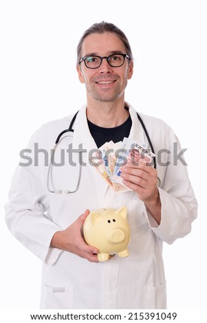 friendly doctor with piggy bank and euros