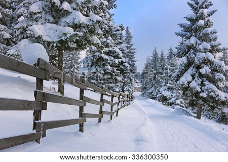 Mountain road covered by snow at countryside. Winter landscape with snowed trees, and wooden fence