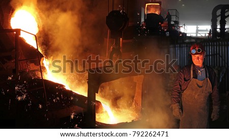 Hard work in foundry, liquid metal in the foundry, melting iron in furnace, steel mill. Workers controlling iron smelting in furnaces