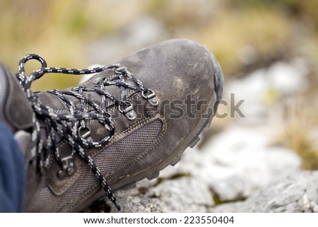 hiking boots / hiking shoes in mountain nature landscape. All year wear. Photo Tatra mountain, Slovakia, Poland