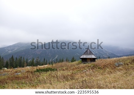 Scenic landscape in the Tatra Mountains in Poland, simple wooden cabins on the meadow