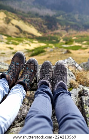 hiking boots / hiking shoes in mountain nature landscape. All year wear. Photo Tatra mountain, Slovakia, Poland