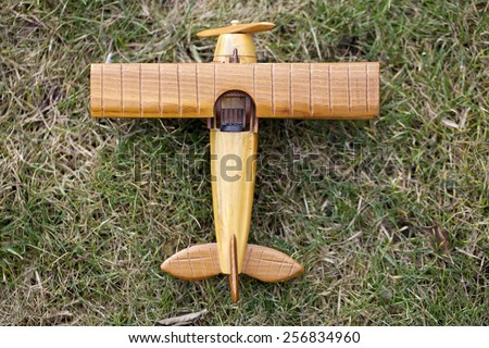 Close-up of  a wooden toy plane hand carved model on spring grass background