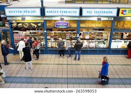 BUDAPEST, HUNGARY - October 6, 2014: People shopping in the Great Market Hall on October 6, 2014 in Budapest, Hungary. Great Market Hall is the largest indoor market in Budapest, it was built in 1896.