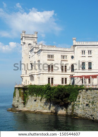 Miramare Castle in Trieste above the Adriatic sea. Italy, EU. It was built in 19th century, castle is famous tourist attraction now.