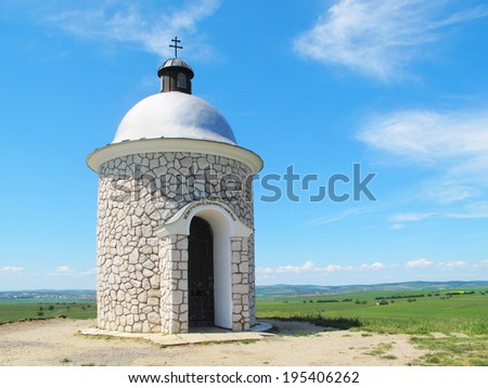 Chapel on the hill over vineyards. Beautiful landscape in South Moravia, Czech republic.
