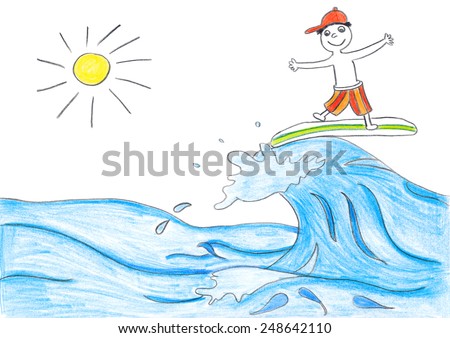 Surfing boy with wave. Child\'s drawing.