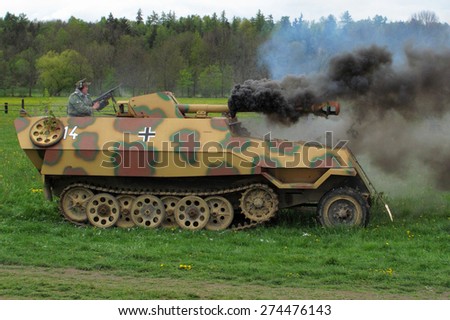 DOBRANY, CZECH REPUBLIC - MAY 1, 2015: Burning german armored vehicle SdKfz 251. Liberation festival to 70th Anniversary of the Liberation by the US Army and the End of the Second World War in Europe.