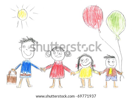 father and daughter holding hands drawing. stock photo : Child's drawing happy family. Father, mother, daughter and son 