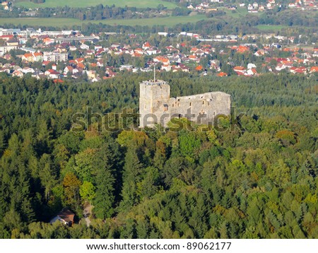 Aerial photo of medieval castle Radyne, Czech republic, European union.