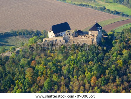 Aerial photo of medieval castle Tocnik, Czech republic, European union.