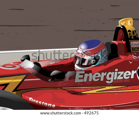 Vector drawing of racing champ Jimmy Vasser in his red Target Chip Ganassi race car.