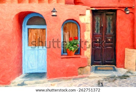 an old house with two doors and a window with flowers. oil paint. (When you see 100% 100 has bold lines with brush). (concept fashion photography).