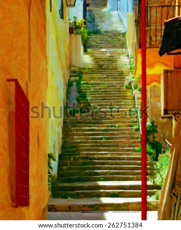 beautiful alley with lots of stairs. Crete, Greece. art oil pastel. (When you see 100% 100 has bold lines with oil pastel).