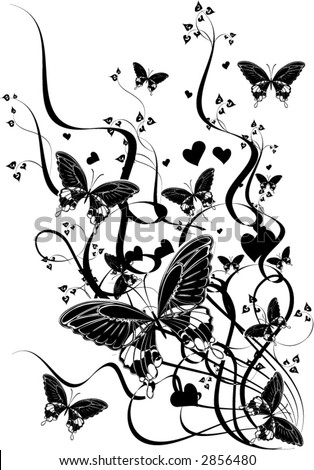 stock vector : black and white branches, leaves and butterflies - vector