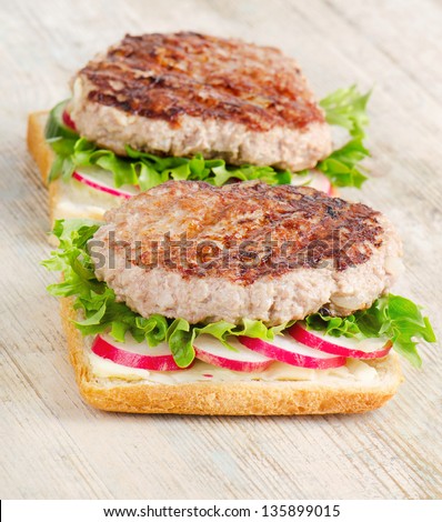 Healthy sandwiches  of ground meat on bread. Selective focus