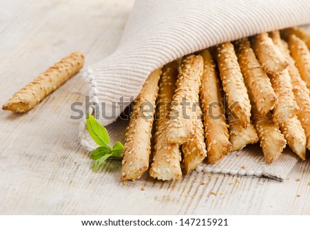 Bread sticks  with sesame seeds. Selective focus