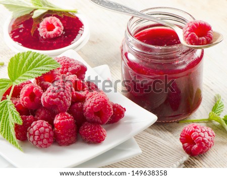 Fresh Raspberries And Jam .Selective Focus