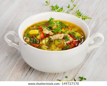 Soup with vegetables and chicken.Selective focus